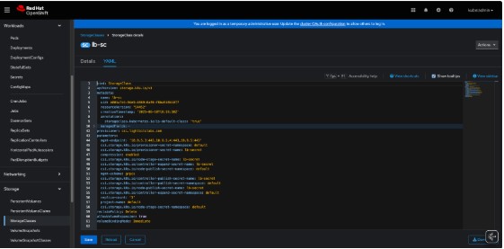 image showing default storage class for Lightbits cluster in OCP