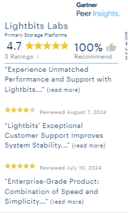 Lightbits reviews screenshot as highly-rated by customers on Gartner