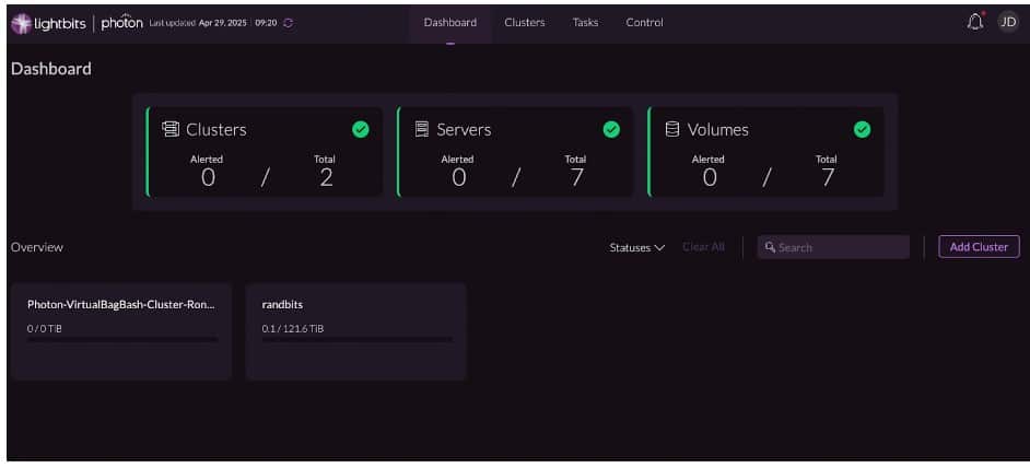 Screen capture of the Lightbits Photon GUI home screen
