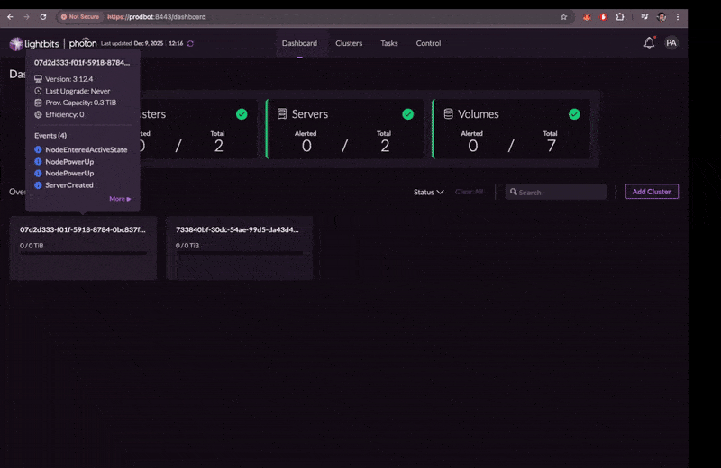 Animated image depicting Lightbits Photon v1.2: for multi-cluster management