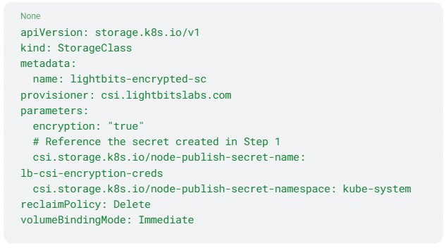 Step-by-step illustration of how to implement encrypted storage class with Lightbits