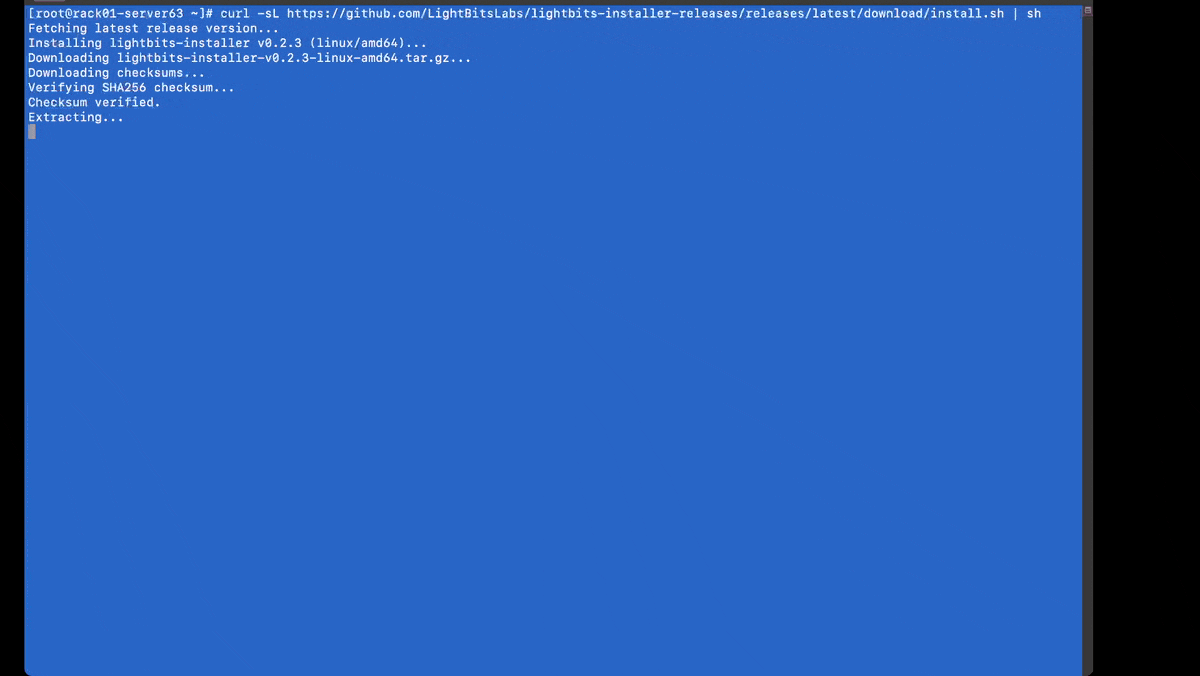 Interactive .gif illustrating the simplicity of installing Lightbits software-defined storage with the interactive terminal-based installer (TUI)