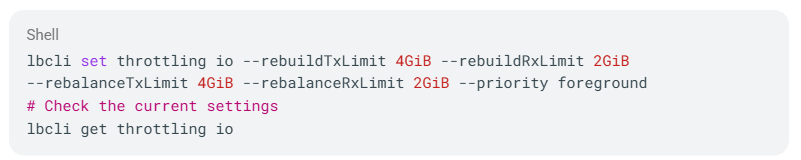 Image depicting the lbcli code to enable rebuild and rebalance throttle controls in Lightbits software-defined storage