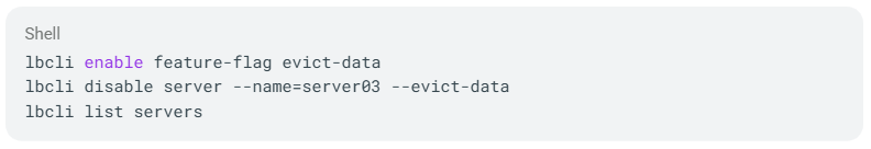 Image depicting the lbcli code to enable server evication feature in Lightbits software-defined storage