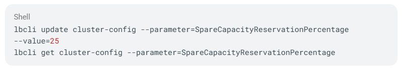 Image showing the lbci code to enable spare capacity reservation in Lightbits software-defined storage